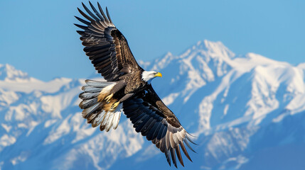 Obraz premium Majestic eagle soaring over a snow-capped mountain range under a clear blue sky