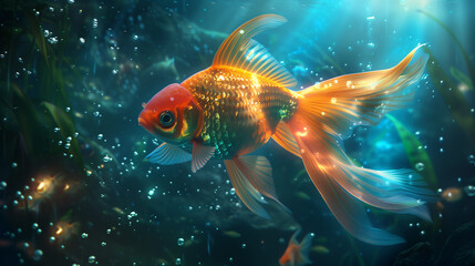 Naklejka premium Fantasy Oranda goldfish with glowing scales in a mystical underwater world 