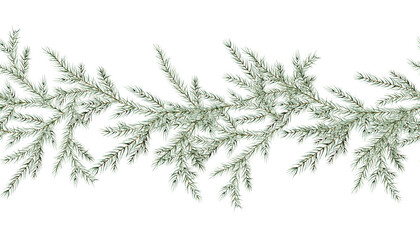 Seamless border Watercolor Christmas tree branches. Hand painted fir-needle natural illustration on isolated background. Banner garland of fir tree branches for christmas and new year.