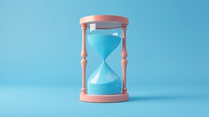 Vintage hourglass with blue sand on pastel blue background. Symbol of time, countdown, and patience. Minimalistic and timeless concept. 3D Illustration.