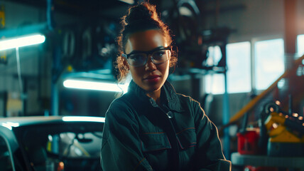 A confident female mechanic wearing glasses and a blue jumpsuit, standing with arms crossed in a well-lit workshop.