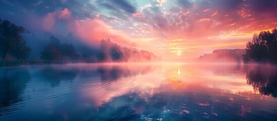 Fototapeta premium Stunning Sunrise Over Tranquil Lake with Mist and Colorful Sky Reflections in Serene Nature Landscape