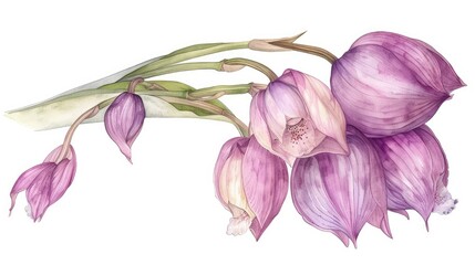 Orchids Nutrient Store A kawaii watercolor of a pseudobulb, storing nutrients, on an orchid plant, a visual representation of the beauty and biology of plants