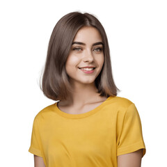 Fototapeta premium portrait of a smiling woman with short hair in yellow t shirt isolated on transparent background