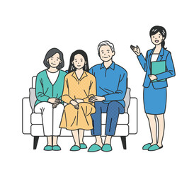 ソファに座る若い女性とシニア夫婦と部屋や保険を案内する女性