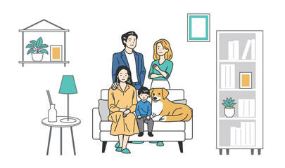 ソファに座る2世代家族とペットの犬