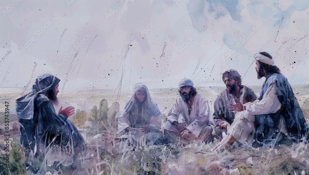 Wall mural watercolor painting of jesus teaching his disciples on the steppe, with a misty background. - Wall murals