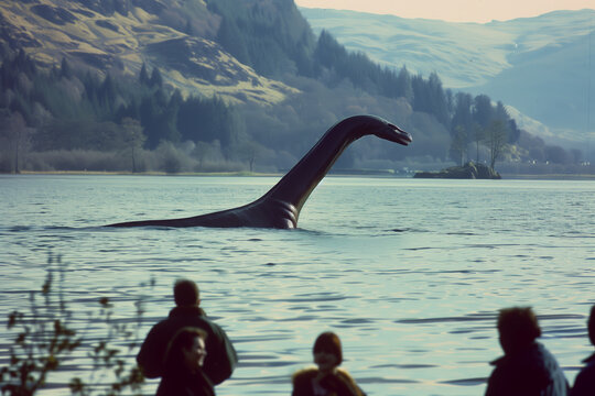 The Loch Ness Monster emerges from the lake in front of onlookers. A photograph in the style of retro reportage from the press.