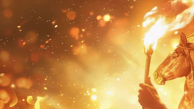 the flame sways in the Olympic torch held by the hand of an athlete against the background of a horse silhouette and a brown background with sparks with free space for inserting text