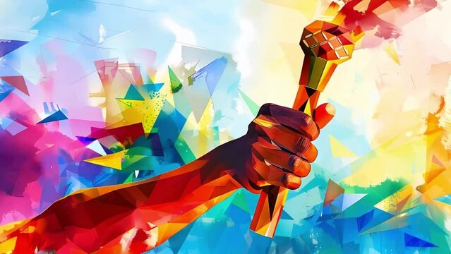 a bright video card with an Olympic torch held by an athlete&rsquo;s hand against the background of a silhouette of a sports stadium with sparks with free space to insert text