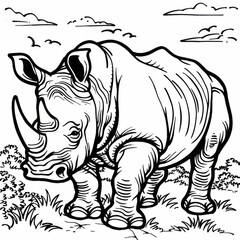 Fototapeta premium Black and white line drawing of a rhinoceros standing in its natural habitat, highlighting its powerful build and horn.