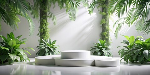 Obraz premium White product display podium with nature leaves. 3D rendering