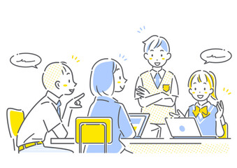 グループワークに取り組む高校生　シンプルでお洒落な線画イラスト　
