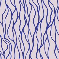 Wavy subtle hand drawn seamless pattern. Organic elegant beige navy texture for fabric prints. Abstract aesthetic dynamic striped background.