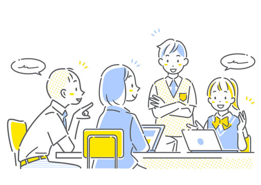 グループワークに取り組む高校生　シンプルでお洒落な線画イラスト　
