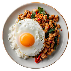 Thai food stir-fried pork spicy and basil served with rice and fried egg on transparent background.
