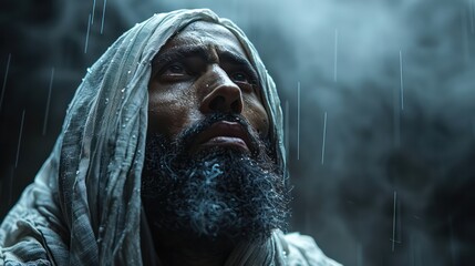 A Muslim man on the left looks up at the sky while pleading with God.