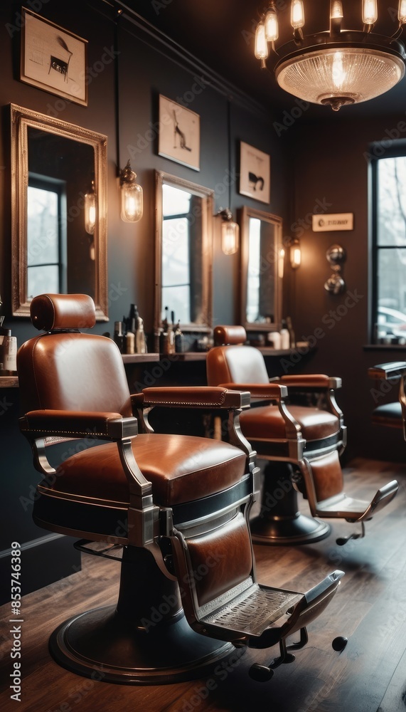 Wall mural Classic barber shop with vintage charm, featuring elegant leather chairs and warm lighting, perfect for a timeless grooming experience