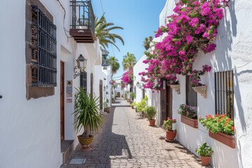Obraz premium Charming Mediterranean Alley with Flowers and White Buildings