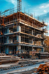 Naklejka premium Construction Site with Scaffolding and Building Materials Under a Blue Sky During Daytime