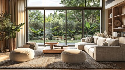 Modern Living Room with Large Windows Overlooking a Lush Garden, Featuring Cozy Furniture and Natural Light
