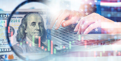 Trading in USA. Trader hands on keyboard. American money. Trading on USA stock market. Graph shows decline in stock price. Falling inflation in USA. Online trading. Financier, accountant, auditor
