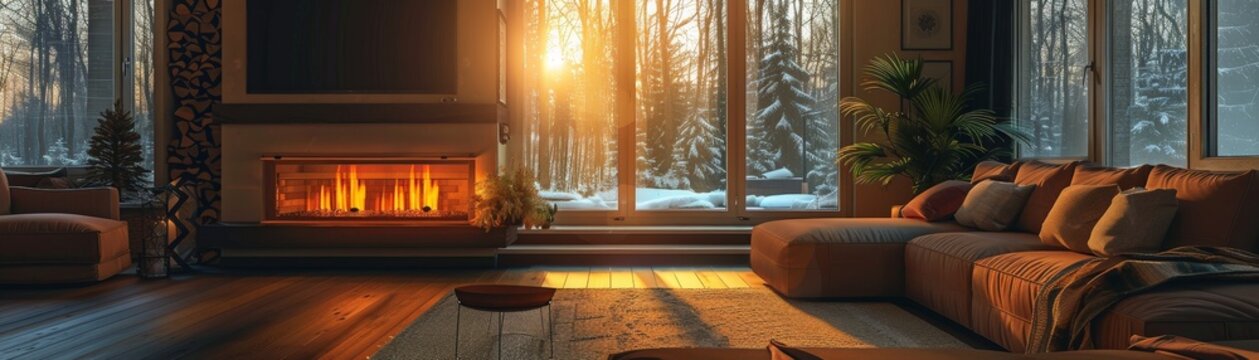 Cozy Modern Living Room with Fireplace and Large Windows Overlooking a Snowy Forest at Sunset