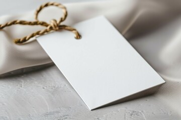 Blank White Tag with Rope on Fabric