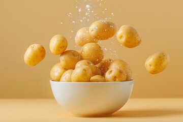 Potatoes Flying in Bowl on Yellow Background