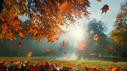 Fototapeta premium Vibrant autumn scene with falling leaves in a sunlit park. Perfect fall foliage background for nature lovers and seasonal projects.