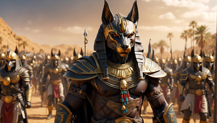 The Egyptian God Anubis with his huge army in the background
