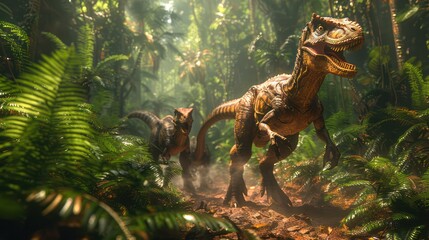 Obraz premium Exciting chase of a herd of Velociraptors chasing their prey through the forest.