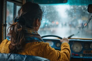 Woman Driving in Rainy Weather