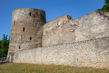 The tower is Dark. The ancient Izborsk fortress. Pskov region, Russia