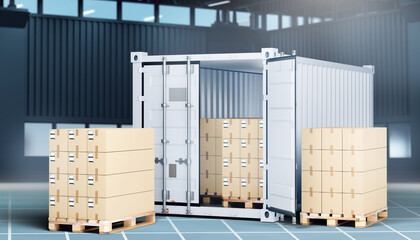 Cardboard boxes in sea container. Pallets with parcels in warehouse. Cargo container for transporting parcels. Transport container in industrial hangar. Transportation of postal parcels. 3d image © Grispb
