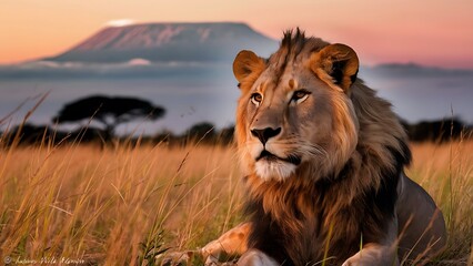 Lion portrait on savanna. Mount Kilimanjaro at sunset. (High Quality Wallpaper Wild Photography)