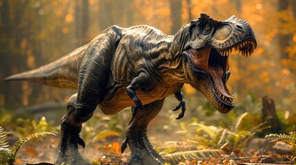 A majestic T. rex roars in a lush prehistoric forest. It shows its enormous size and power.