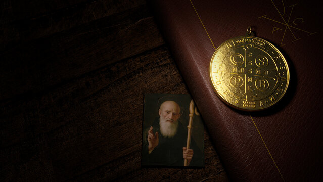 The Saint Benedict medal with an image of Saint Benedict with crozier (Montecassino, 17th century) - 3D Illustration