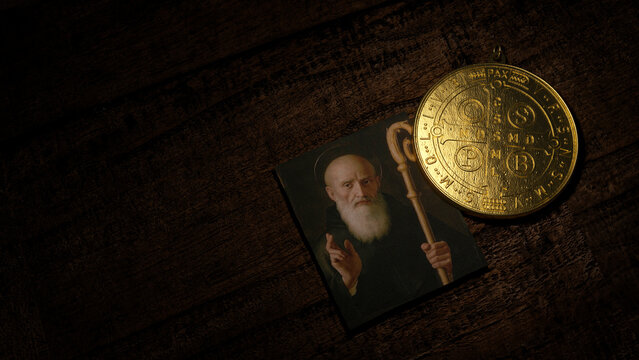 The Saint Benedict medal with an image of Saint Benedict with crozier (Montecassino, 17th century) - 3D Illustration