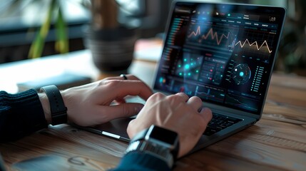 hands interacting with a laptop computer, Streamlined digital workflow with smartwatch and laptop.