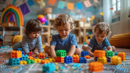 A group of kids playing with building blocks and toys in a playroom on Children's Day.