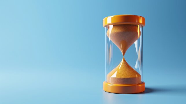 Minimalistic hourglass with orange sand and blue background symbolizing time, patience, and deadlines. 3D Illustration.
