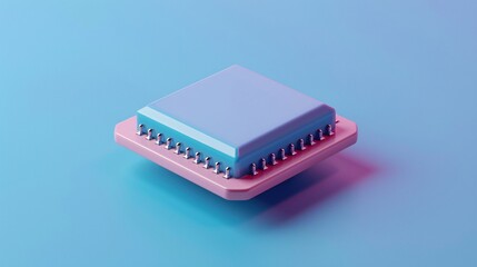 Modern computer chip on a blue and pink gradient background, showcasing advanced technology and futuristic design in electronics. 3D Illustration.