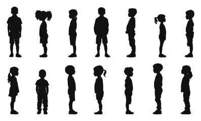 Standing children silhouettes vector black and white illustration. Kids waiting in various poses from side view.
