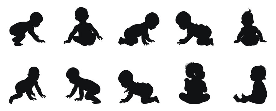 Crawling babies silhouettes vector black and white illustration. Infants in different positions from side view.
