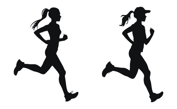 Female runners silhouettes vector black and white illustration. Women running in side view with ponytails and athletic outfits.