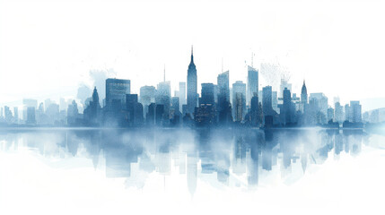 Fototapeta premium Watercolor style abstract blue skyline depicting a modern cityscape with tall skyscrapers and reflection in water.