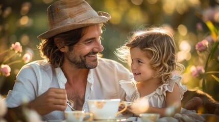 A father and daughter having a tea party in the garden on Father's Day, with a whimsical and joyful setting.