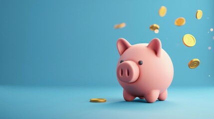 Pink piggy bank with falling gold coins on a blue background, symbolizing savings, finance, and investment concepts. 3D Illustration.