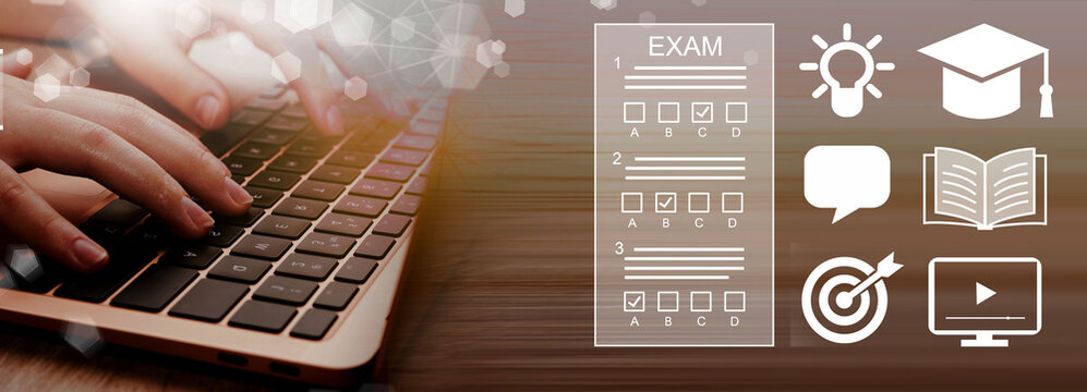    E-learning, education, online exam concept.Choose correct answer. Education internet online digital technology concept.